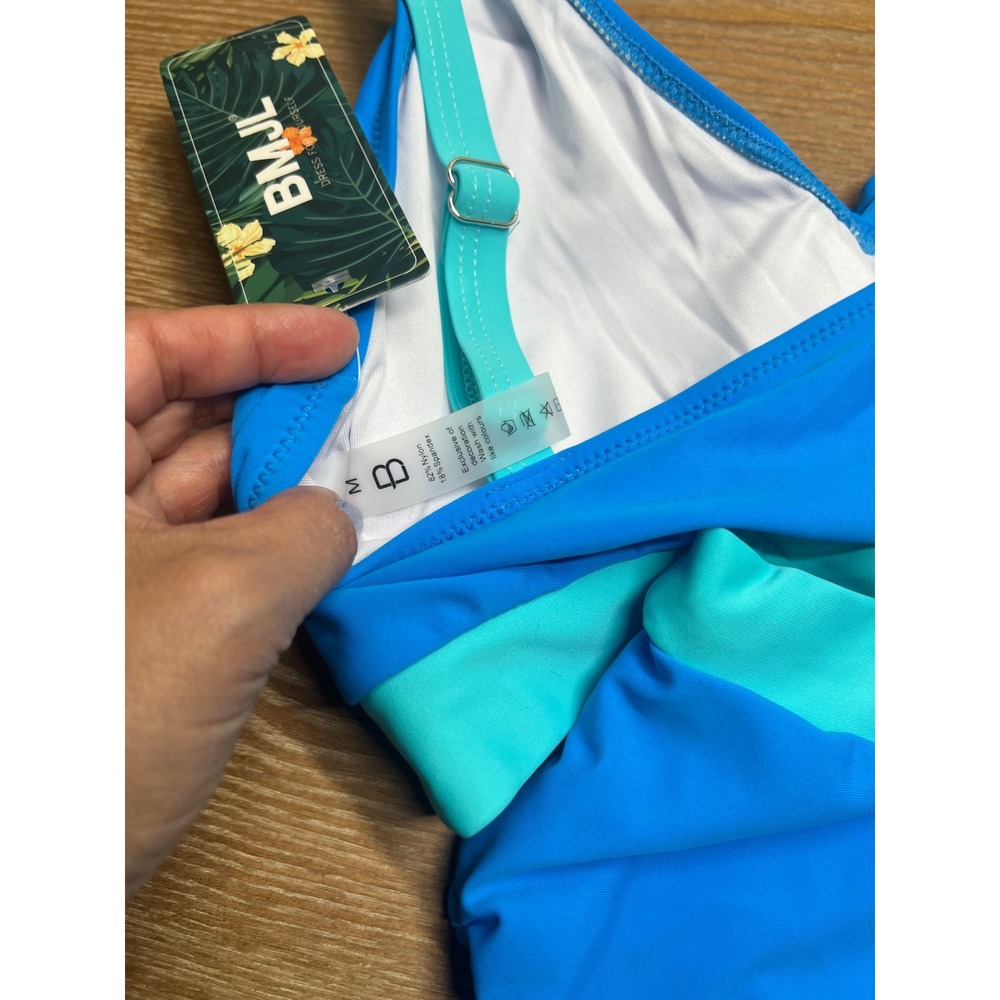 BMJL Womens High Waisted Bikini Set Blue Turquoise Colorblock Wrap Top Size M - Picture 3 of 4